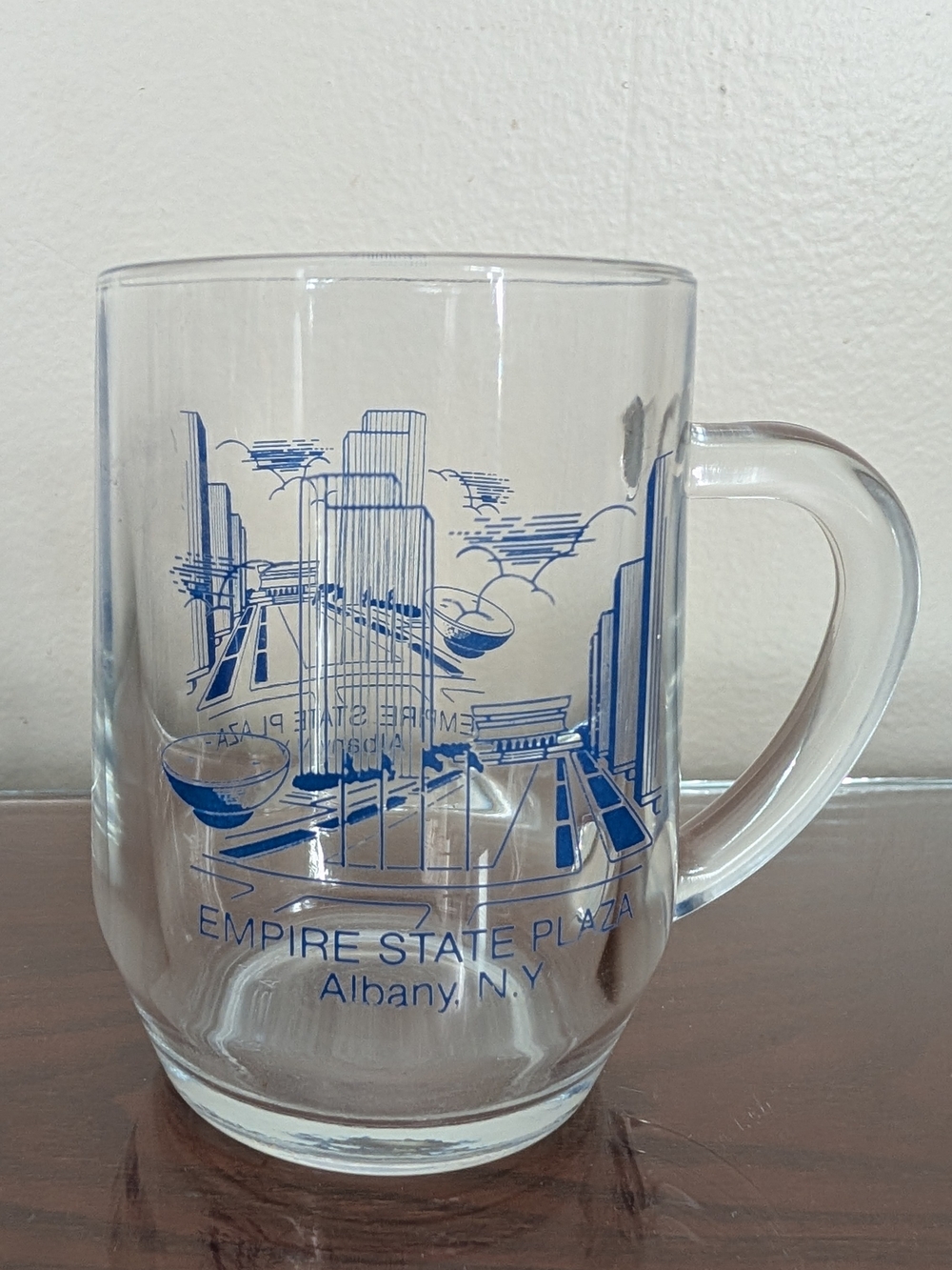 Empire State Plaza Albany NY Glass Coffee Mug Twin Towers Vintage Souvenir 80s
